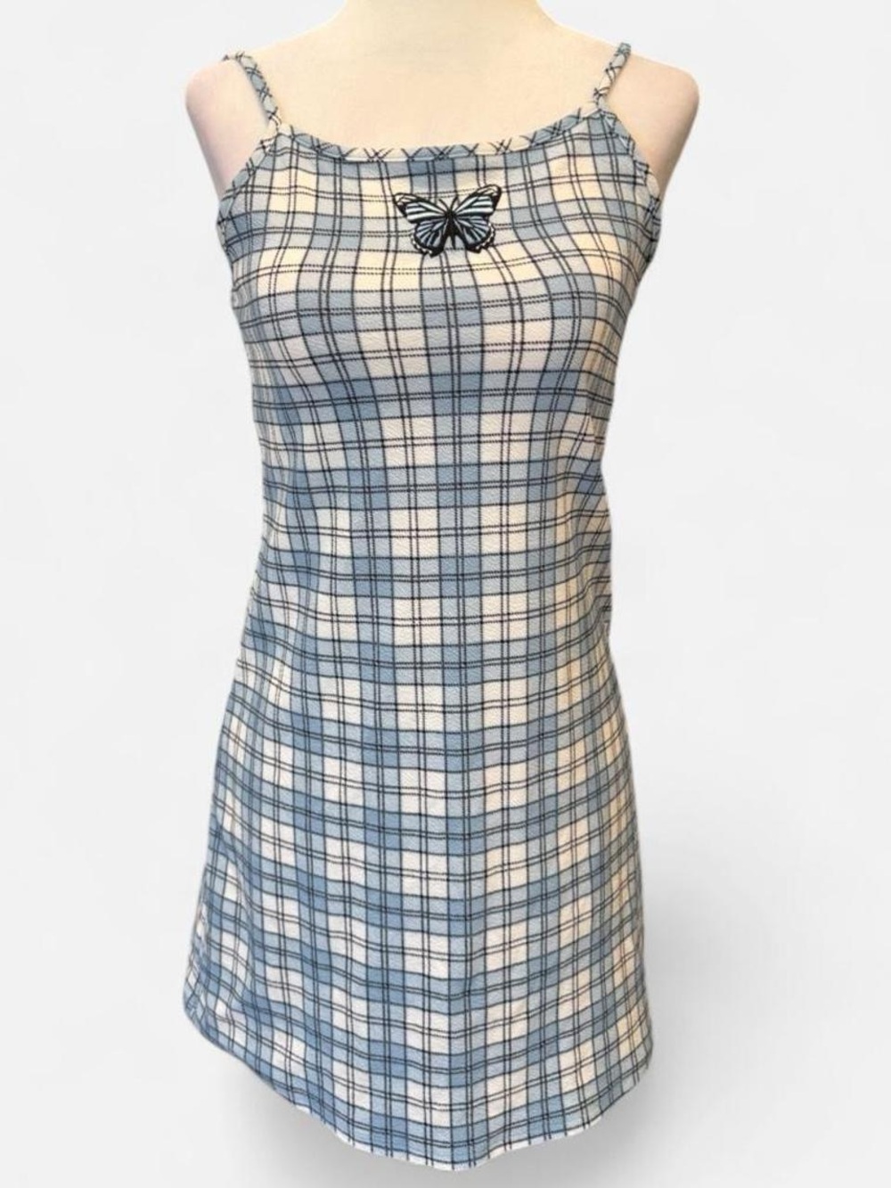 Lily Bleu Blue and Cream Plaid Slip with Butterfly Applique